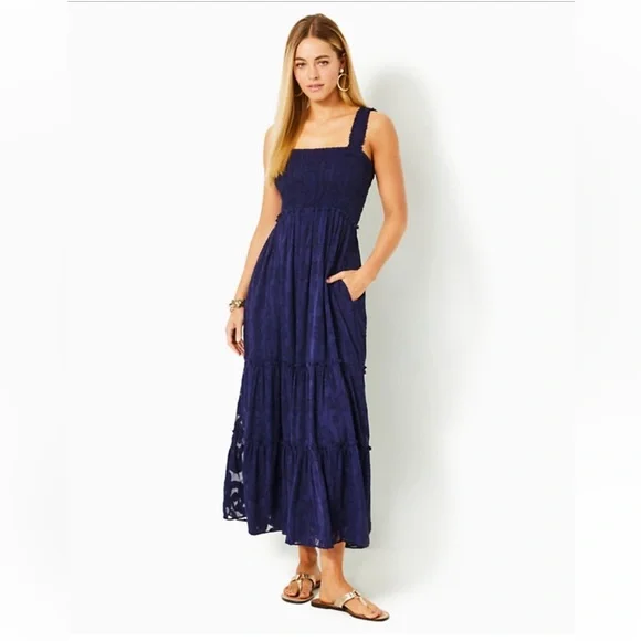 Lilly Pulitzer “Hadly” Smocked Navy Blue Maxi Dress - Picture 6 of 9